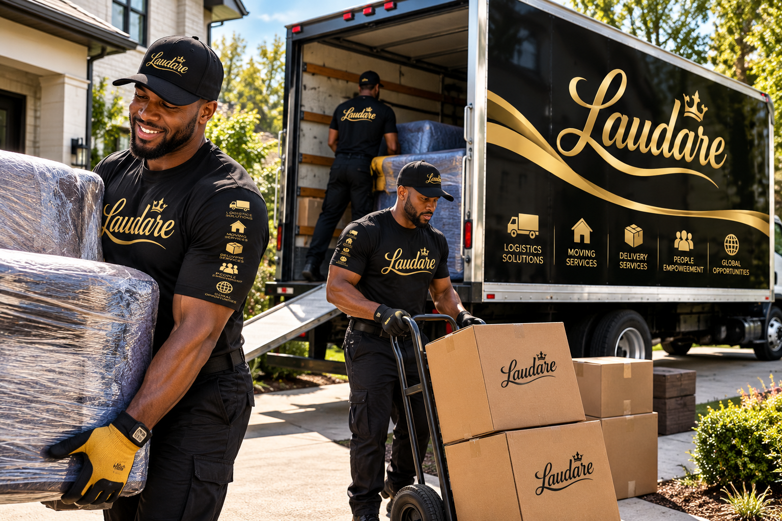 Laudare movers carefully handling boxes and furniture
