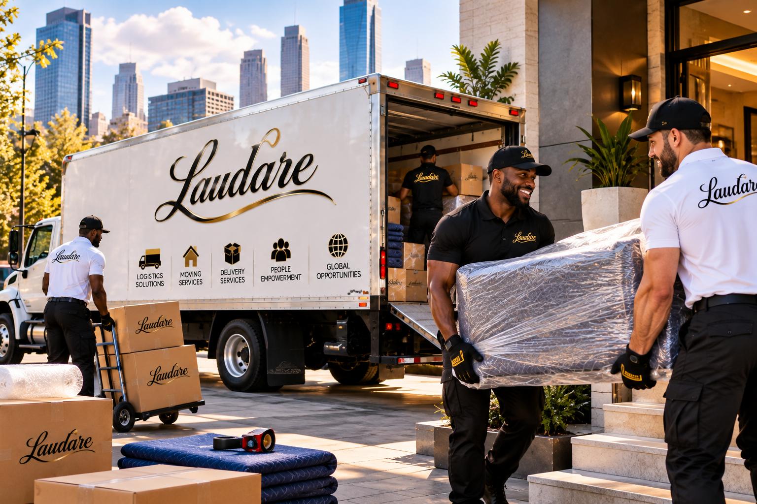Laudare commercial delivery crew unloading in a city setting
